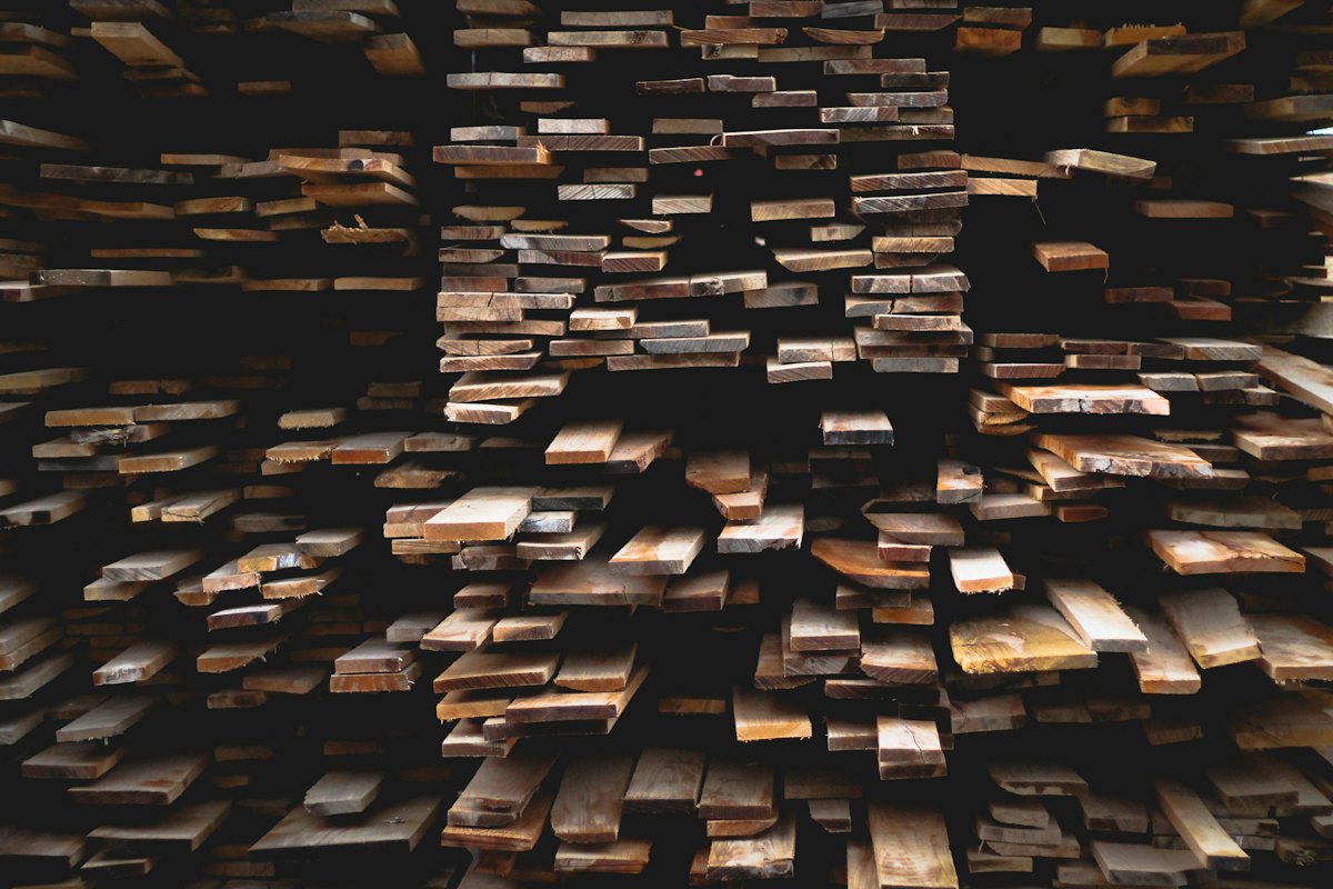 Stacked lumber planks